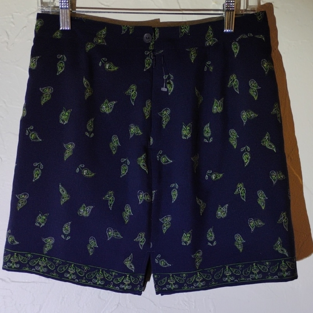 Navy Blue Women's Shorts with Green Pattern